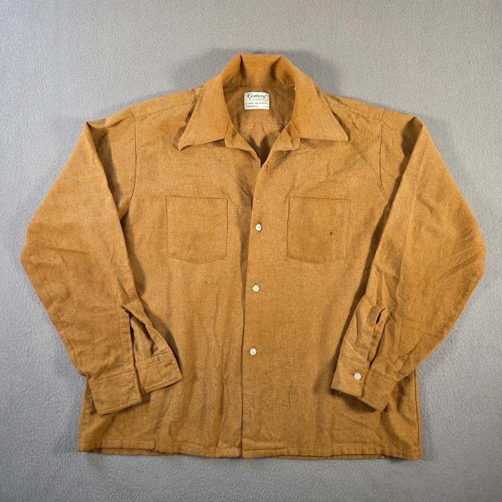 Vintage Loop Collar Shirt Mens Large Brown Wool Blend Van Heusen Long Sleeve 60s